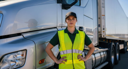 Young female truck driver in a high visibility vest stands confidently with hands on hips beside a large silver semi truck, embodying strength and professionalism in the transportation industry.の素材