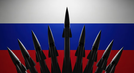 Dark ballistic missiles arranged in a formation, pointing upwards against the background of the russian flag, symbolizing military power and potential conflict.の素材