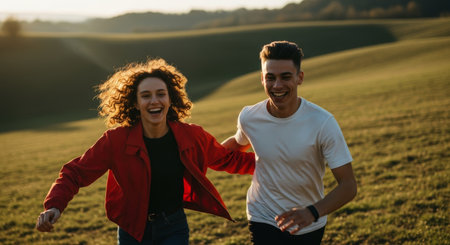 Young man and woman running and laughing across a sunlit green field. expressing joy, freedom, and an active lifestyle in nature.の素材