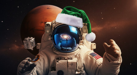 Astronaut in a white spacesuit wearing a green santa hat, floating in space with a gift box and the planet mars. reflection of a galaxy in the helmet visor.の素材