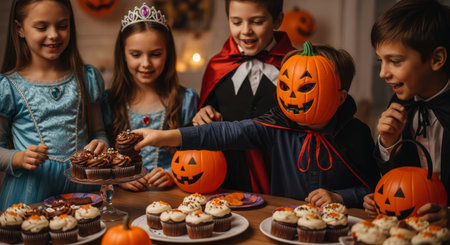 Happy children in various halloween costumes gathered around a table filled with decorated cupcakes and pumpkin lanterns, celebrating a festive party.の素材