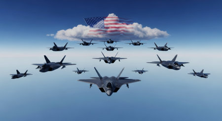 Advanced stealth fighter jets in a precise squadron formation against a blue sky, with a patriotic american flag cloud symbolizing national power and defense.の素材