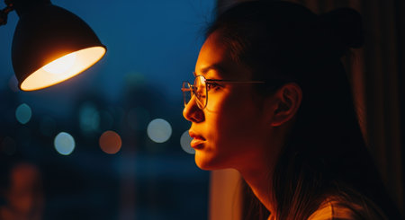 Young woman with glasses illuminated by a warm desk lamp, looking thoughtfully out a window at night with blurred city lights in the background. focuses on contemplation, study, or late night work.の素材
