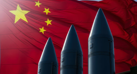 Three dark ballistic missiles prominently displayed against a large, waving chinese flag, representing national defense and geopolitical strength.の素材