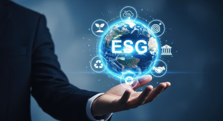 Businessman hand holding a glowing earth globe with ESG text, surrounded by icons representing environmental, social, and governance principles for sustainable business.の素材