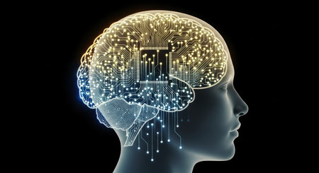Human head in profile with a translucent brain containing a glowing circuit board pattern and a central microchip, symbolizing artificial intelligence, data processing, and advanced technology.の素材