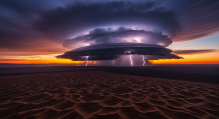 Massive supercell thunderstorm with powerful lightning illuminates a vast desert landscape at dramatic sunset. dynamic weather phenomenon showcasing nature raw power.の素材