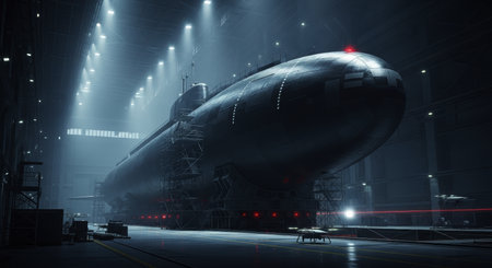 Massive dark submarine docked in a vast, dimly lit industrial dry dock, illuminated by bright overhead spotlights and surrounded by scaffolding.の素材