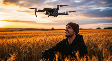 Man in beanie and hoodie sitting in a golden wheat field, looking up at his drone hovering above during a beautiful sunset.の素材