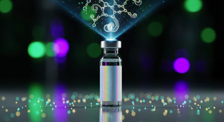 Glass medicine vial with a bright holographic projection of a complex molecular structure, representing scientific discovery, pharmaceutical development, and future healthcare.の素材