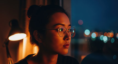 Young asian woman with hair tied up and glasses, looking thoughtfully out a window at night, with blurred city lights visible outside and a warm lamp light illuminating her face.の素材
