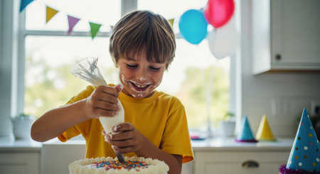 Young boy with frosting on his face happily decorating a birthday cake with an icing bag and colorful sprinkles in a home kitchen.の素材