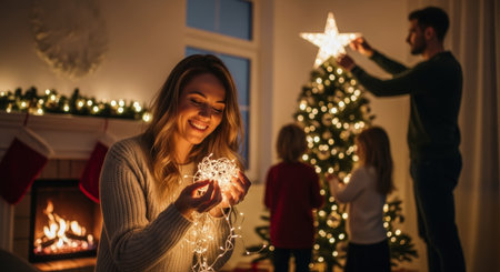 Happy family decorating their cozy home for christmas. smiling woman holds glowing fairy lights while man and children adorn a festive christmas tree with ornaments and a star.の素材