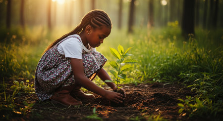 Young african american girl carefully planting a small tree in fertile soil within a lush, sun drenched forest, demonstrating environmental responsibility and care for nature.の素材