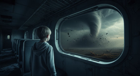 Young boy stands inside a dark, abandoned train car, looking out a window at a massive, swirling tornado, stormy sky, and flying debris over a desolate landscape.の素材