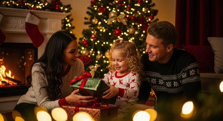 Happy family, mother, father, and young daughter, opening christmas presents in a festive living room with a decorated tree and fireplace, celebrating holiday joy.の素材