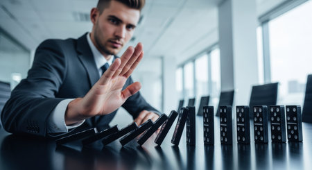 Young businessman in a dark suit using his hand to stop a line of black dominoes from falling on a conference table in a bright office, symbolizing crisis prevention and control.の素材