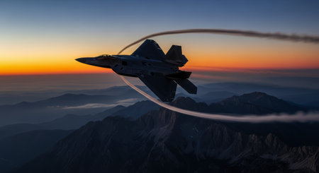 High performance stealth fighter jet executing a dynamic maneuver above a rugged mountain range at dusk, leaving vapor trails against a vibrant sunset sky.の素材