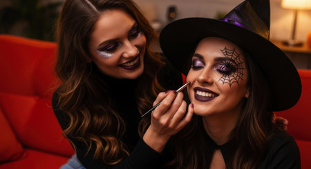 Two young women smiling, one applying intricate spiderweb face paint and glitter makeup on the other face, who wears a black witch hat, preparing for halloween.の素材