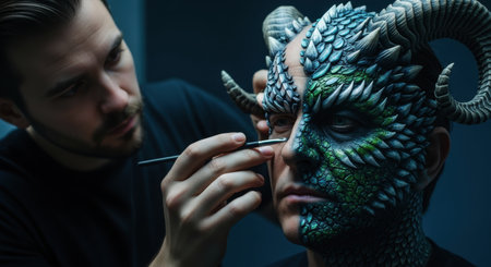 Professional makeup artist meticulously applies intricate green and blue scaled prosthetic makeup and horns to an actor face, creating a fantasy creature.の素材