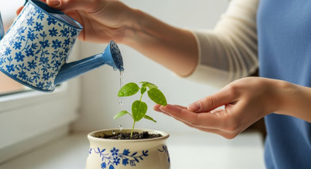 Woman hands carefully watering a young green plant in a decorative ceramic pot, symbolizing growth, care, and new beginnings.の素材