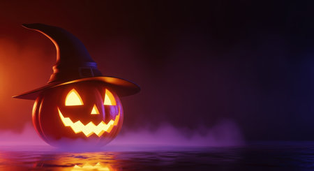 Jack o lantern wearing a witch hat, glowing brightly with an eerie smile in a dark, smoky environment with neon orange and purple light reflecting on a wet surface. halloween night concept.の素材