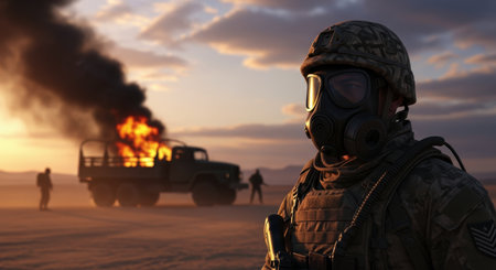 Soldier in tactical gas mask and helmet stands in a desert landscape at sunset, with a burning military truck and other soldiers in the background, depicting conflict and danger.の素材