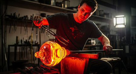Glassblower meticulously shaping a large, glowing molten glass piece with tools in a dark, traditional workshop, showcasing craftsmanship and heat.の素材