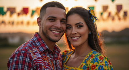 Joyful brazilian couple in traditional festa junina attire, smiling at the camera during a vibrant outdoor celebration at sunset.の素材