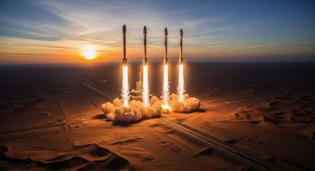 Four rockets launching simultaneously from a desert landscape, with fiery exhaust plumes rising into the sunrise sky. represents ambition, innovation, and space exploration.の素材