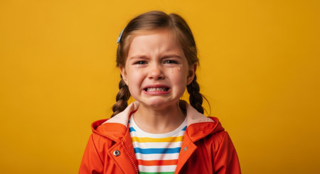 Young girl crying with tears streaming down her scrunched face, expressing sadness and distress.の素材