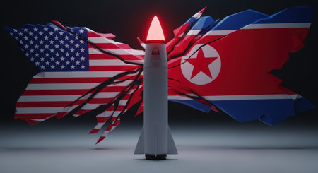 Missile with a glowing red tip stands between shattered flags of the united states and north korea, representing geopolitical conflict, tension, and potential war.の素材