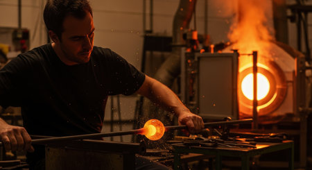 Artisan shaping glowing molten glass on a punty rod in a glassblowing workshop. hot furnace in the background, sparks flying, showcasing traditional craftsmanship.の素材