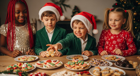 Young boys and girls in festive christmas attire gathered around a table filled with various decorated christmas cookies and holiday treats. one boy in a santa hat reaches for a gingerbread man.の素材