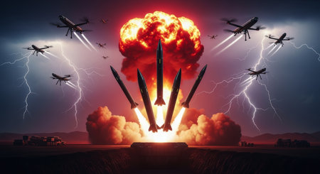 Advanced stealth missiles launching from a silo, with a colossal mushroom cloud, drones, and lightning in a dark, stormy sky, symbolizing global conflict and power.の素材