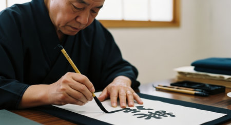Elderly japanese calligrapher focused on creating traditional ink calligraphy with a brush, showcasing cultural art, skill, and precision.の素材
