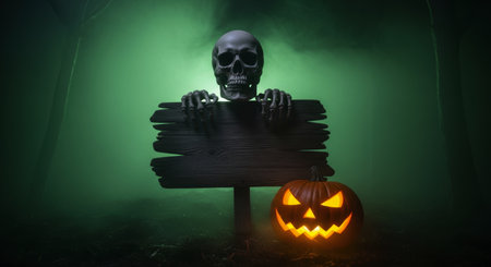 Skeleton skull and bony hands gripping a rustic wooden sign, with a glowing jack o lantern at its base, set against a spooky green foggy background.の素材