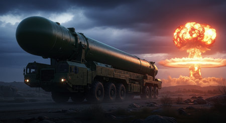 Large intercontinental ballistic missile on a military transporter vehicle with a nuclear explosion and mushroom cloud in the background under a dramatic sky.の素材
