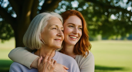 Smiling senior woman and adult daughter embracing in a park, showcasing a loving family relationship and intergenerational connection.の素材