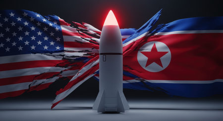 A missile with a glowing red tip stands between a tattered american flag and a north korean flag, illustrating international tension and potential conflict.の素材