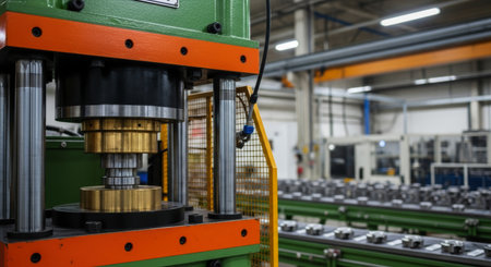 Powerful industrial hydraulic press machine with green and orange frame, black cylinder, and shiny brass components, operating in a modern manufacturing factory.の素材