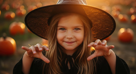 Smiling little girl in a witch costume and hat, posing with hands outstretched in a pumpkin field during golden hour, celebrating halloween.の素材