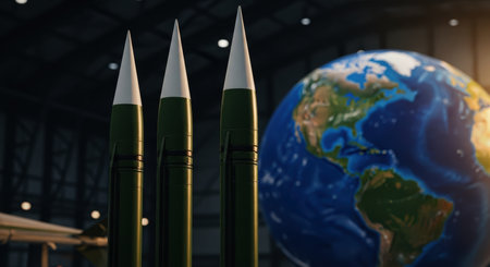 Three dark green military missiles with white tips stand vertically, with a large blue and green earth globe in the background, representing global defense and geopolitical issues.の素材