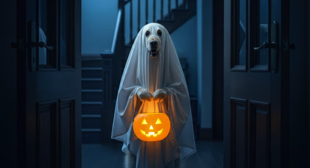 Golden retriever dog in a white sheet ghost costume holding a glowing jack o lantern bucket, ready for trick or treat on halloween night.の素材