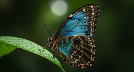 Iridescent blue morpho butterfly with intricate black and brown patterns and eye spots on its wings, perched on a dew kissed green leaf.の素材