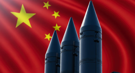 Three dark ballistic missiles stand prominently against a waving chinese national flag, symbolizing military power, defense, and geopolitical strength.の素材
