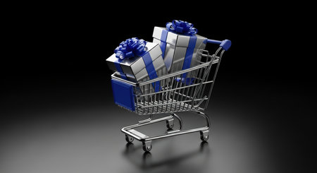 Chrome shopping cart holding two elegant silver gift boxes with blue ribbons, representing retail, discounts, and online promotions.の素材