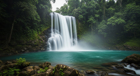 Majestic waterfall plunges into a vibrant turquoise pool, surrounded by lush green rainforest trees and mossy rocks. a serene natural landscape.の素材