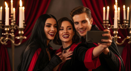 Three joyful friends dressed as classic vampires pose for a fun selfie at a gothic themed halloween party with candles and red drapes.の素材
