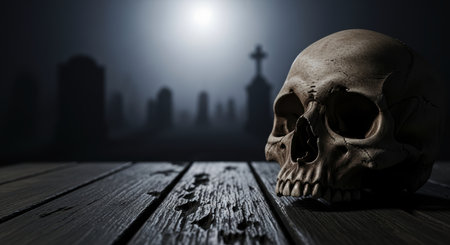 Weathered human skull on a dark wooden table, set against a blurred, misty graveyard with tombstones and a cross, evoking themes of death, mystery, and horror.の素材